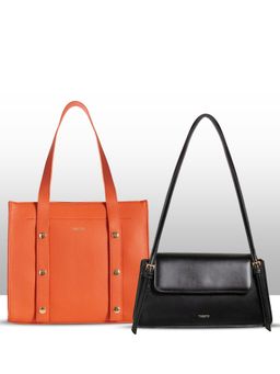 THESTO - Black Solid Medium Shoulder Bag & Orange Tote Bag (Set Of 2)