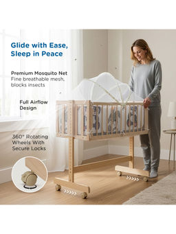 Mee Mee - Wooden Baby Cot Cradle with Mattress, Mosquito Net and Lockable Wheels