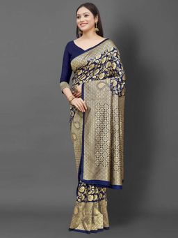 Akhilam - Women Silk Blend Navy Blue Celebrity Saree with Unstitched Blouse