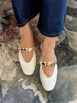 Devano - Patent White Square Gold Studded Mules