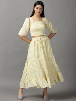 SHOWOFF - Womens Square Neck Printed Yellow Co-Ord (Set of 2)