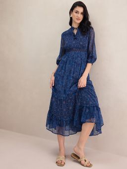 Femmella - Navy Paisley Printed Tiered Midi Dress