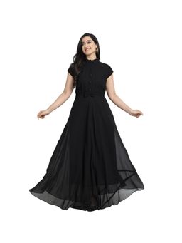 Femvy - Women Black Georgette Solid Flared Dress