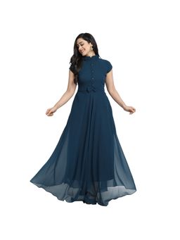 Femvy - Women Blue Georgette Solid Flared Dress