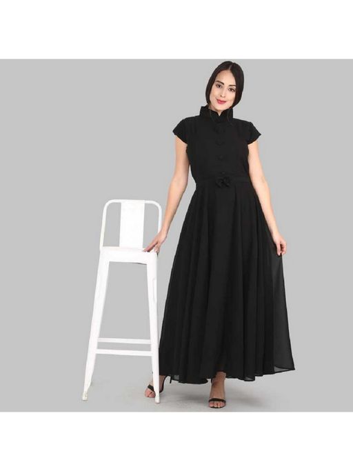 Femvy Women Black Georgette Solid Flared Dress