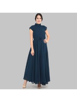 Femvy - Women Blue Georgette Solid Flared Dress
