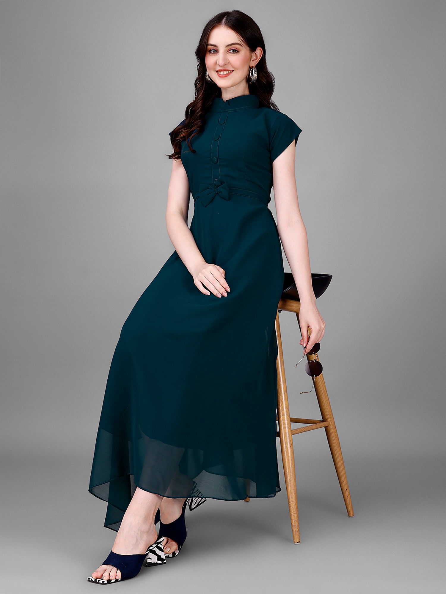 femvy Women Teal Georgette Solid Flared Dress-picture-14