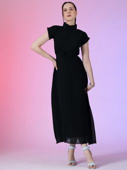 Femvy - Women Black Georgette Solid Flared Dress