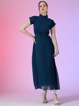 Femvy - Women Teal Georgette Solid Flared Dress