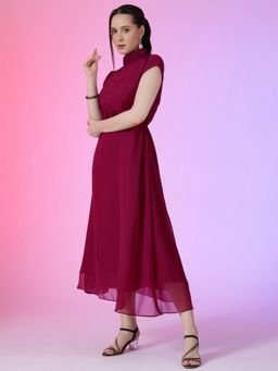 Femvy - Women Magenta Georgette Solid Flared Dress