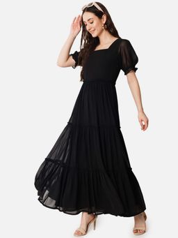 Femvy - Women Black Georgette Solid Flared Dress