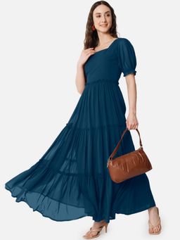 Femvy - Women Teal Georgette Solid Flared Dress
