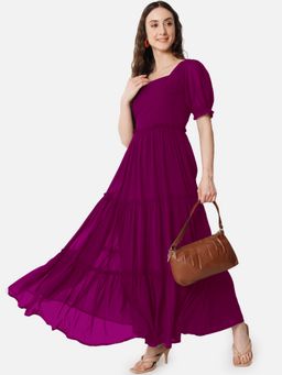 Femvy - Women Magenta Georgette Solid Flared Dress