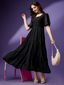 Femvy - Women Black Georgette Solid Flared Dress