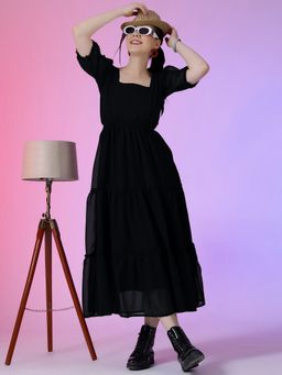 Femvy - Women Black Georgette Solid Flared Dress
