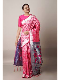 Unnati Silks - Pink Paithani Silk Saree with Unstitched Blouse