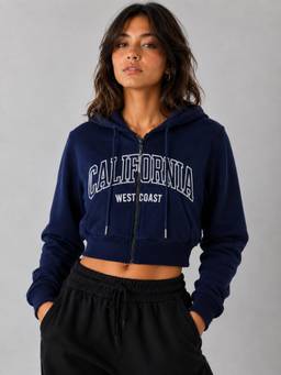 MIXT by Nykaa Fashion - Women Navy Blue Typography Fleece Crop Sweatshirt