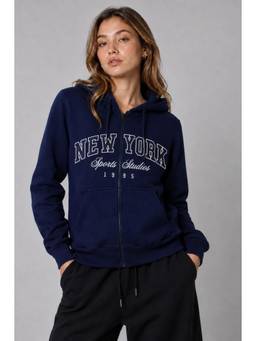 MIXT by Nykaa Fashion - Navy Blue Fleece Women Zipper Hooded Sweatshirt