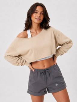 MIXT by Nykaa Fashion - Women Beige Solid Crop Fleece Sweatshirt
