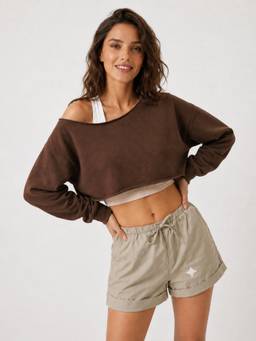 MIXT by Nykaa Fashion - Women Brown Solid Crop Fleece Sweatshirt