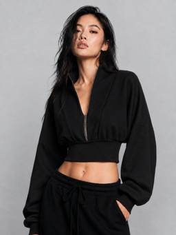 MIXT by Nykaa Fashion - Women Black Cropped Fleece Zip-Up Sweatshirt