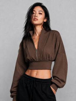 MIXT by Nykaa Fashion - Women Solid Brown Fleece Cropped Zip-Up Sweatshirt