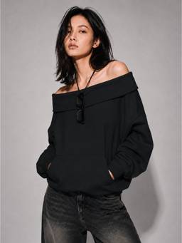 MIXT by Nykaa Fashion - Women Black Off-Shoulder Oversized Fleece Sweatshirt
