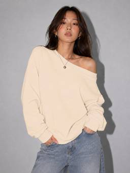 MIXT by Nykaa Fashion - Women Beige Off-Shoulder Relaxed Fleece Sweatshirt