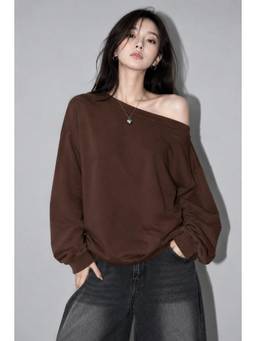MIXT by Nykaa Fashion - Women Brown One Shoulder Relaxed Fleece Sweatshirt