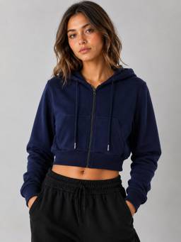 MIXT by Nykaa Fashion - Navy Blue Fleece Women Crop Sweatshirt