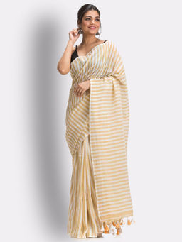 Angoshobha - White Muga Striped Molmol Cotton Saree with Unstitched Blouse