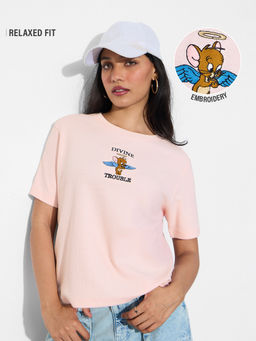 The Souled Store - Official Tom and Jerry: Divine Trouble Women Pink Relaxed Fit T-shirt
