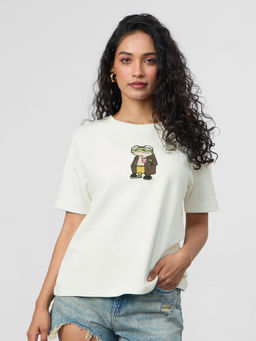 The Souled Store - Originals Textured: Chill Frog Women White Relaxed Fit T-shirt
