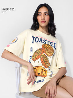 The Souled Store - Official Smiley: Toasted Smiles Women Off White Oversized T-Shirt