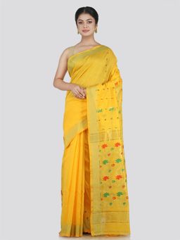 PinkLoom - Women's Cotton Blend Saree with Unstitched Blouse Piece, Yellow