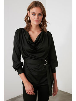 Trendyol - Black Chiffon Collar Knitted Blouse With Belt