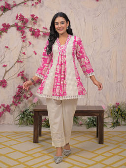 Autumnlane - White Self Design Kurti and Pant (Set of 2)