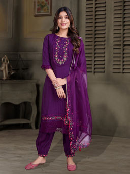 MOJILAA - Purple Floral Kurta and Salwar with Dupatta (Set of 3)
