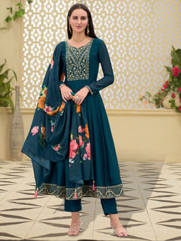 MOJILAA - Teal Floral Kurta and Pant with Dupatta (Set of 3)