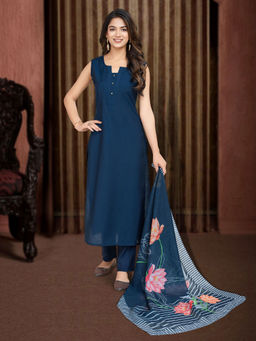 MOJILAA - Navy Blue Solid Kurta and Pant with Dupatta (Set of 3)