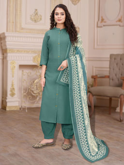 MOJILAA - Green Solid Kurta and Salwar with Dupatta (Set of 3)
