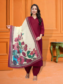 MOJILAA - Maroon Solid Kurta and Salwar with Dupatta (Set of 3)