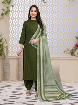 MOJILAA - Olive Solid Kurta and Salwar with Dupatta (Set of 3)