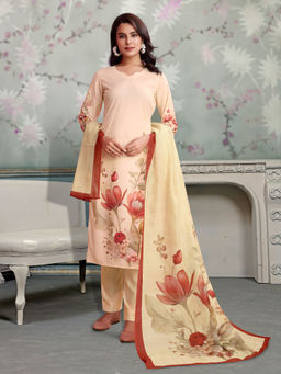 MOJILAA - Beige Floral Kurta and Pant with Dupatta (Set of 3)