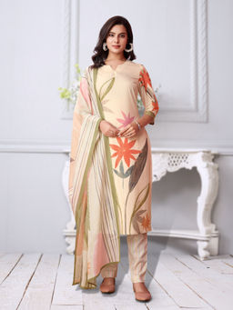 MOJILAA - Beige Floral Kurta and Pant with Dupatta (Set of 3)