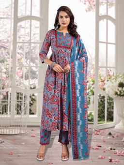 MOJILAA - Blue Floral Kurta and Pant with Dupatta (Set of 3)