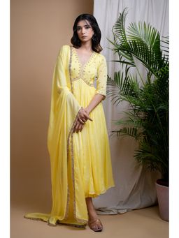 Ahi Clothing - Yellow Chiffon Anarkali Kurta with Palazzo and Dupatta (Set of 3)