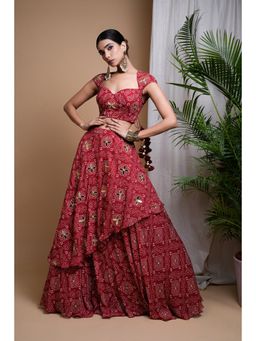 Ahi Clothing - Maroon Bandhani Digital Print Indo Lehenga with Blouse (Set of 2)