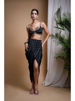 Ahi Clothing - Black Digital Print Indo Drape Blouse with Skirt (Set of 2)