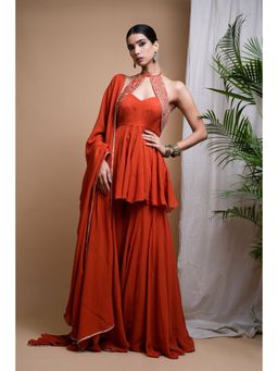 Ahi Clothing - Rust Orange Indo Anarkali Kurti with Sharara and Dupatta (Set of 3)